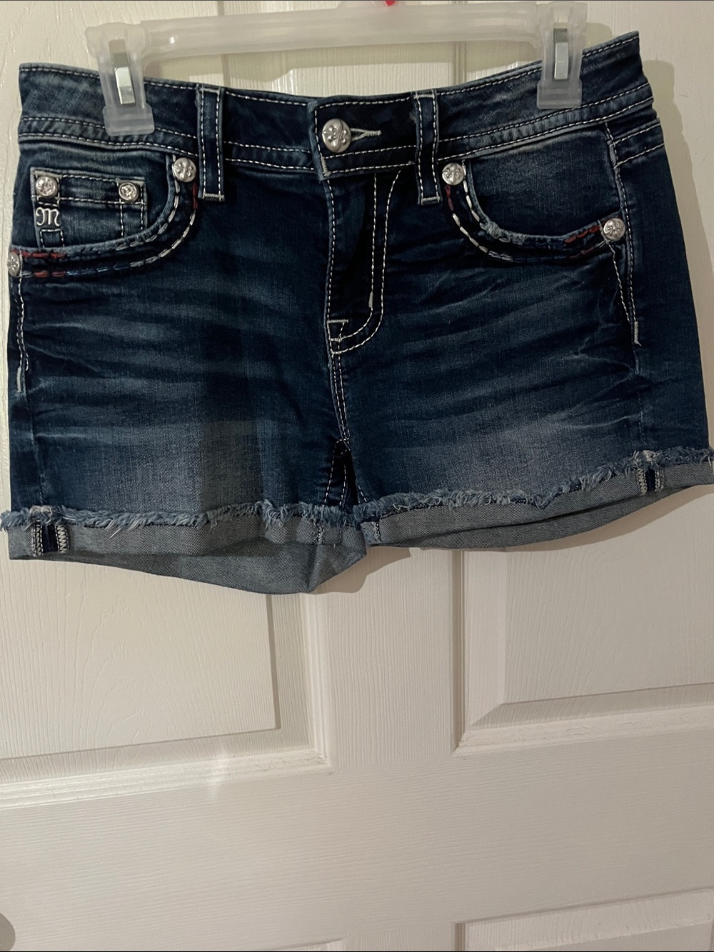 Miss Me Dark Blue Frayed Hem Denim Shorts